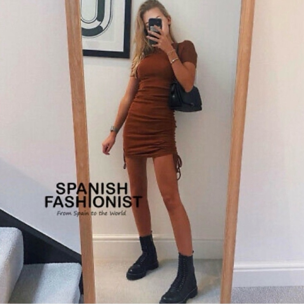 ZARA NWT Brown Side Ruched Bodycon Mini Dress Short Sleeve Crewneck